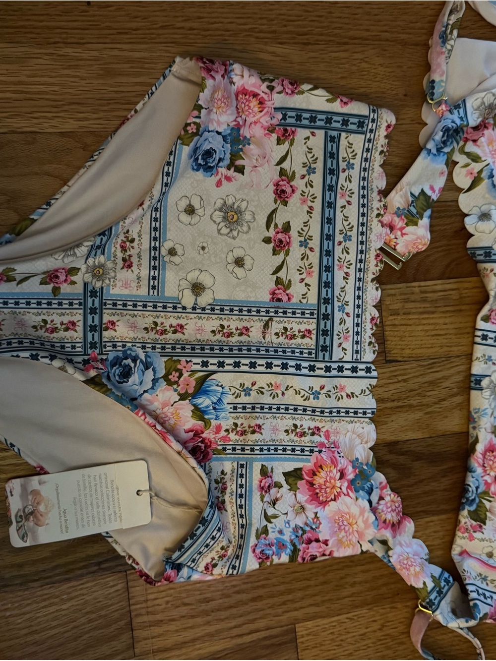 Floral Patchwork High-Neck Bikini Top in White and Pink